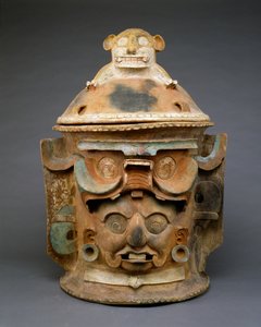 猫のふた付きの葬式の壺、グアテマラ、550-950（多色塗装の陶器）